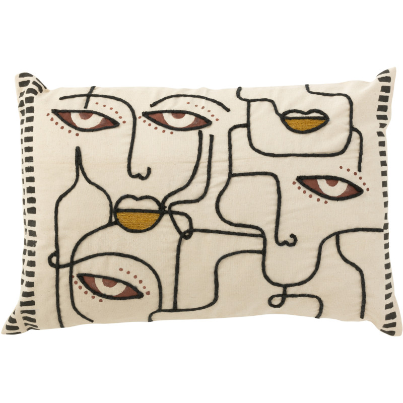 Coussin XL Rectangulaire Drexus 70x40 en Coton Beige Marron Noir Motif visages abstraits - 1
