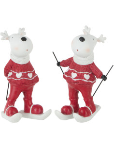 Décoration de Noël Rennes à ski 15 cm en Résine Blanc Rouge (Lot de 2) - 1