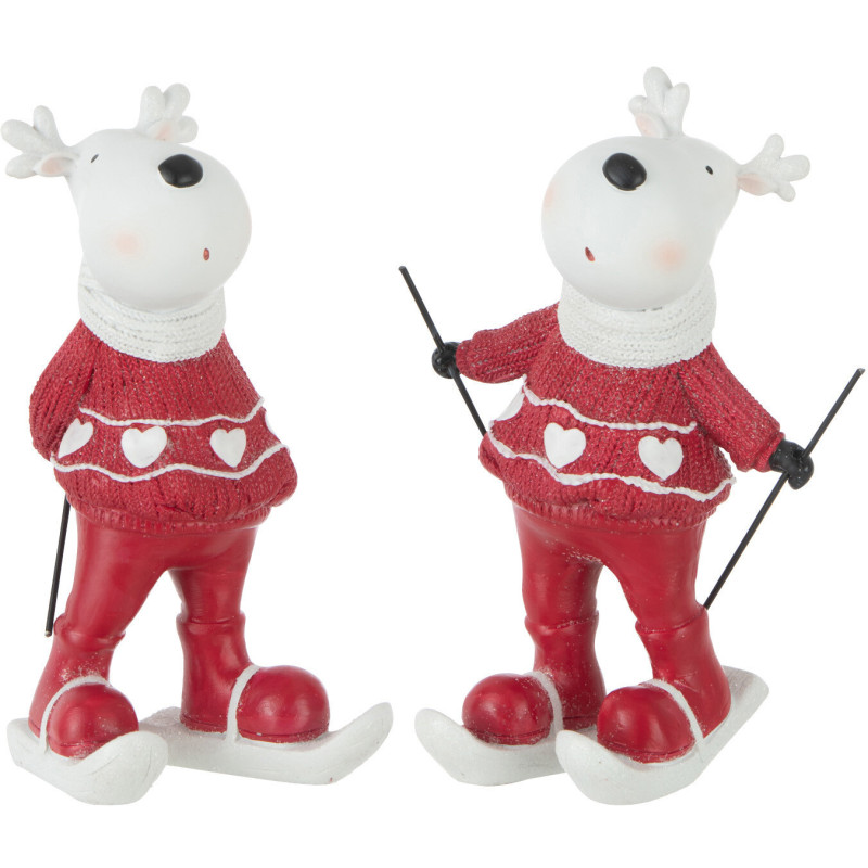 Décoration de Noël Rennes à ski 15 cm en Résine Blanc Rouge (Lot de 2) - 1