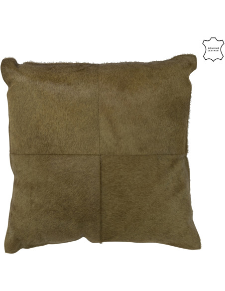 Coussin Carré Cowhair 45x45 en Cuir véritable Olive Effet peau de bête - 1