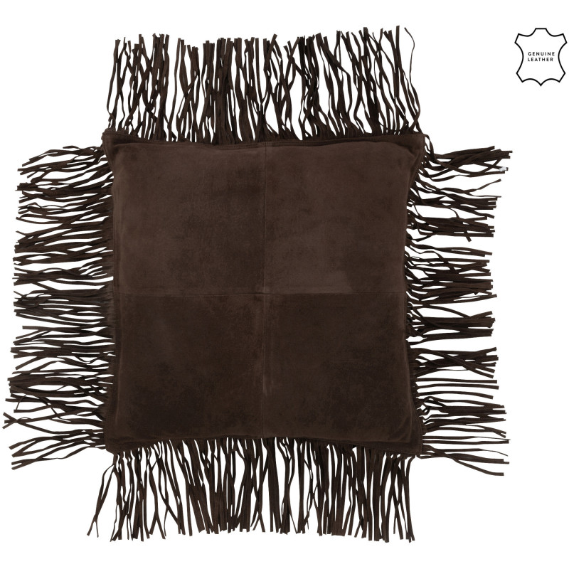 Coussin Carré Wildly 45x45 en Cuir véritable Marron foncé Avec franges - 1