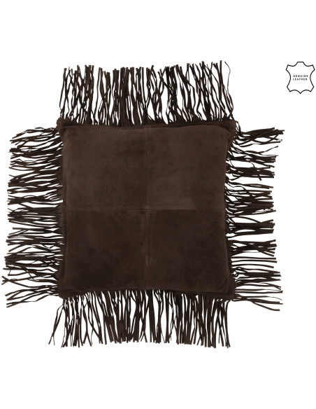 Coussin Carré Wildly 45x45 en Cuir véritable Marron foncé Avec franges - 1