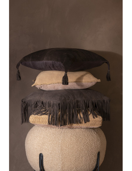 Coussin Carré Wildly 45x45 en Cuir véritable Marron foncé Avec franges - 2