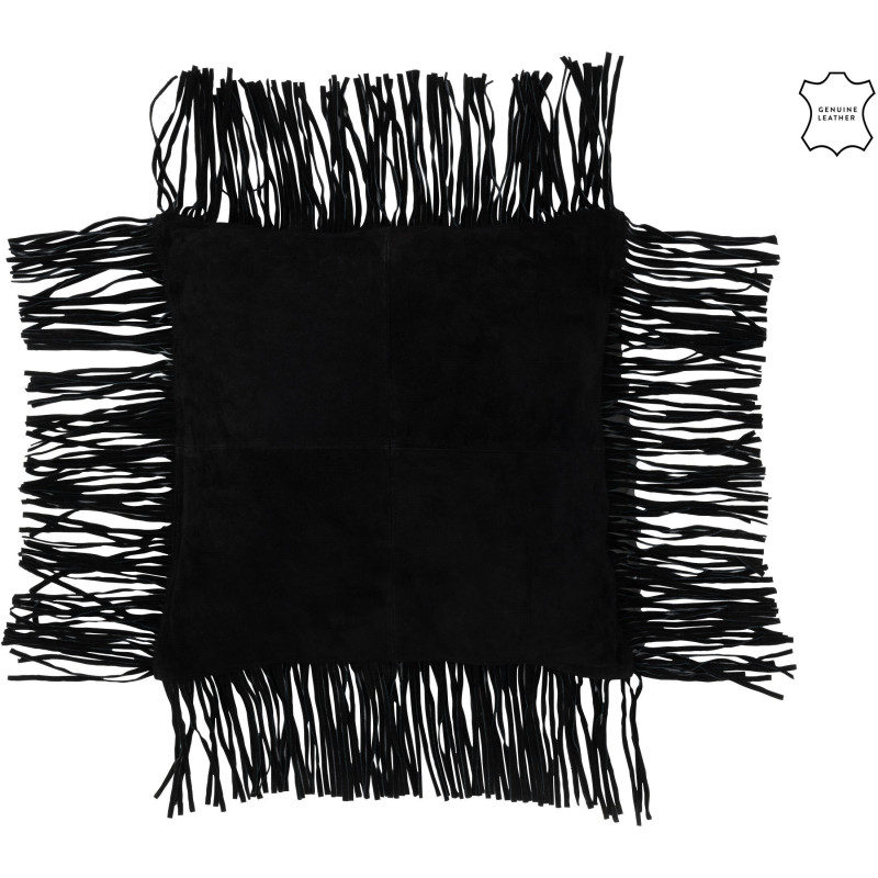 Coussin Carré Wildly 45x45 en Cuir véritable Noir Avec franges - 1