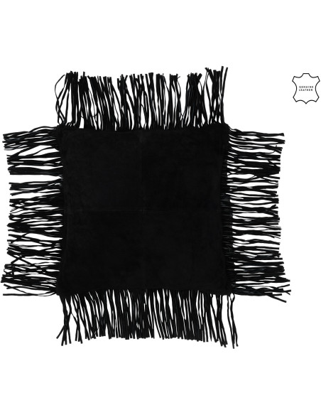 Coussin Carré Wildly 45x45 en Cuir véritable Noir Avec franges - 1
