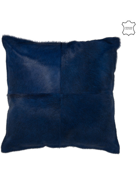 Coussin Carré Cowhair 45x45 en Cuir véritable Bleu foncé Effet peau de bête - 1