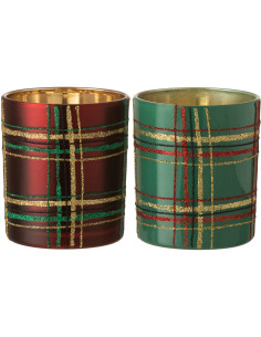 Photophore original Écossais Diamètre 9 cm en Verre Rouge Vert Motif carreaux Falon - 1