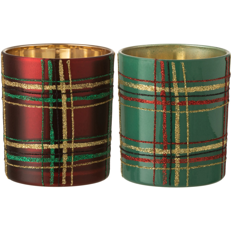 Photophore original Écossais Diamètre 9 cm en Verre Rouge Vert Motif carreaux Falon - 1