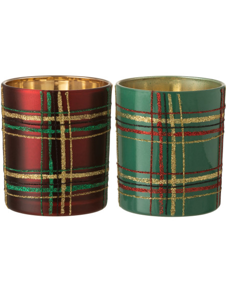 Photophore original Écossais Diamètre 9 cm en Verre Rouge Vert Motif carreaux Falon - 1