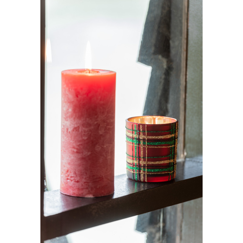 Photophore original Écossais Diamètre 9 cm en Verre Rouge Vert Motif carreaux Falon - 9