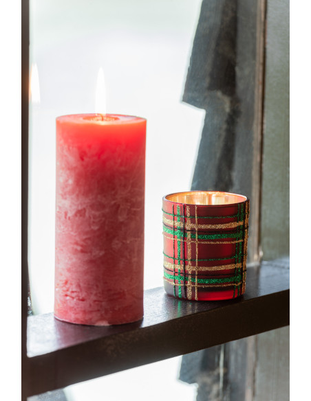 Photophore original Écossais Diamètre 9 cm en Verre Rouge Vert Motif carreaux Falon - 9