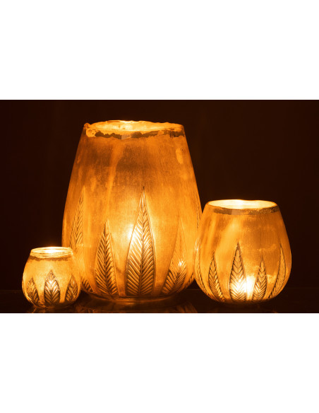 Photophore moderne XXL Diamètre 25 cm en Verre Argenté Motif feuilles Nialen - 6