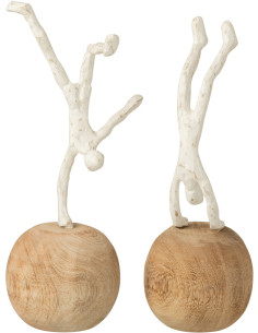 Statuette déco Personnage abstrait Acrobate Hauteur 30 cm en Bois de manguier Naturel Métal Blanc Heric (Lot de 2) - 1