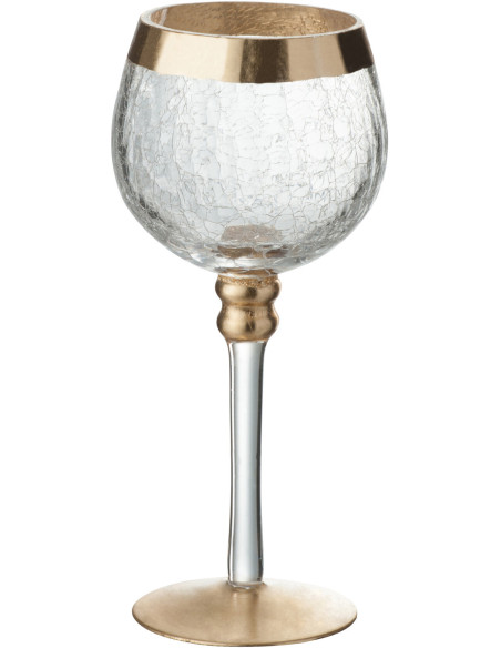 Photophore sur pied Boule Hauteur 20 cm en Verre Transparent Doré Motif craquelé Gravo - 1