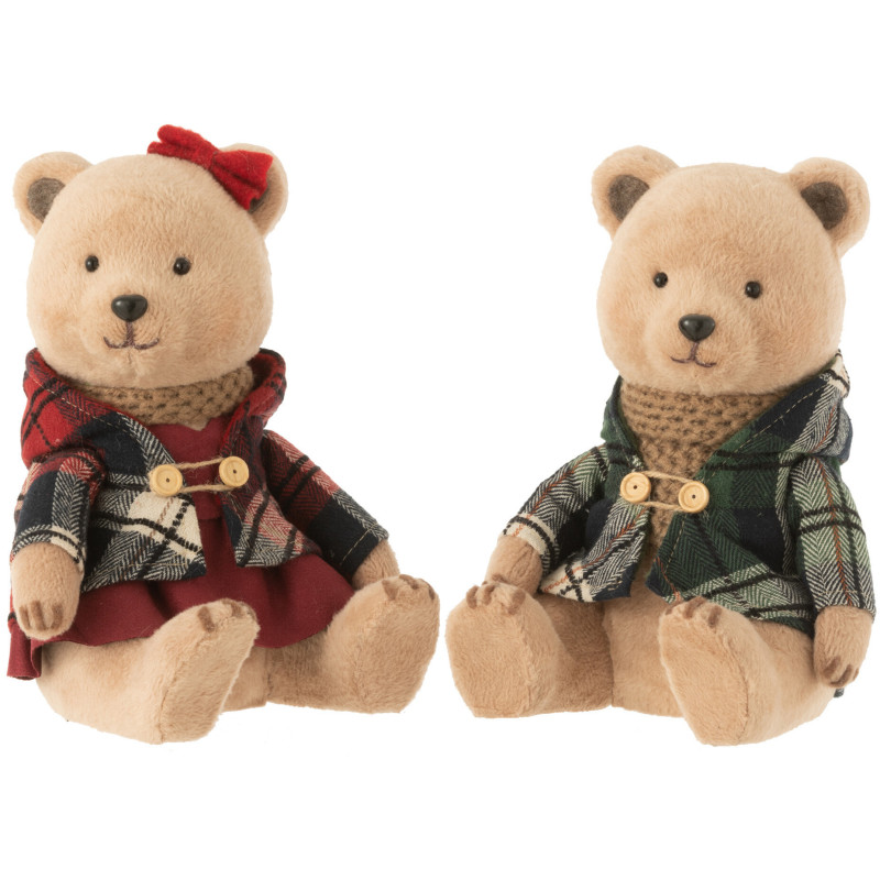 Décoration de Noël Ours assis 20 cm en Polyester Beige Vert Rouge Motif carreaux (Lot de 2) - 1