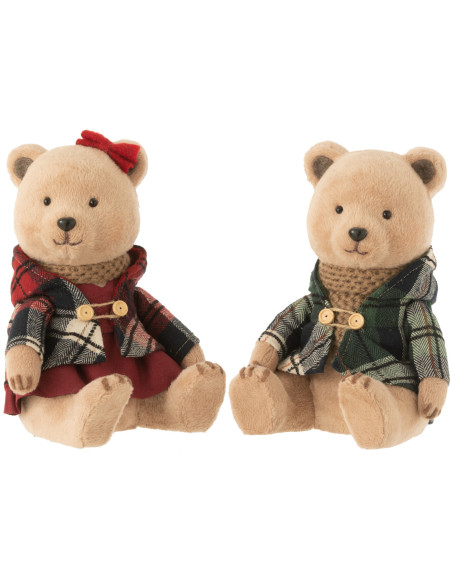 Décoration de Noël Ours assis 20 cm en Polyester Beige Vert Rouge Motif carreaux (Lot de 2) - 1