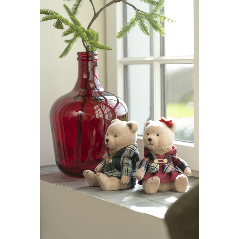 Décoration de Noël Ours assis 20 cm en Polyester Beige Vert Rouge Motif carreaux (Lot de 2) - 2