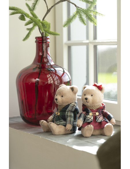 Décoration de Noël Ours assis 20 cm en Polyester Beige Vert Rouge Motif carreaux (Lot de 2) - 2
