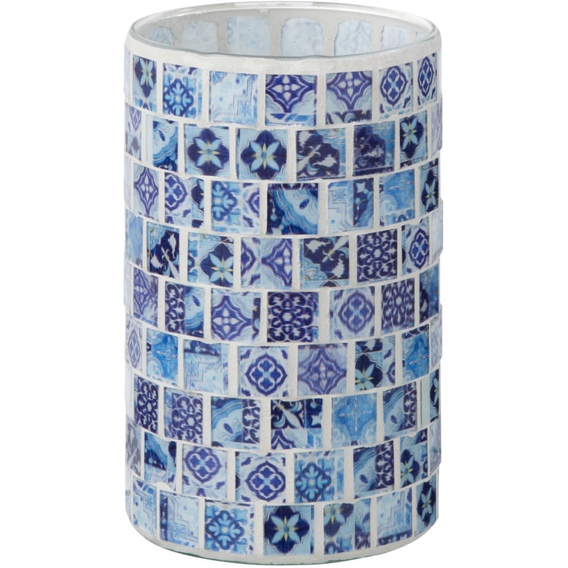 Photophore original cylindre Diamètre 9 cm en Verre Bleu jean Motif mosaïque Klavin - 1