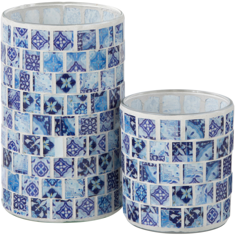 Photophore original cylindre Diamètre 9 cm en Verre Bleu jean Motif mosaïque Klavin - 4