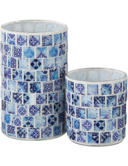 Photophore original cylindre Diamètre 9 cm en Verre Bleu jean Motif mosaïque Klavin - 4