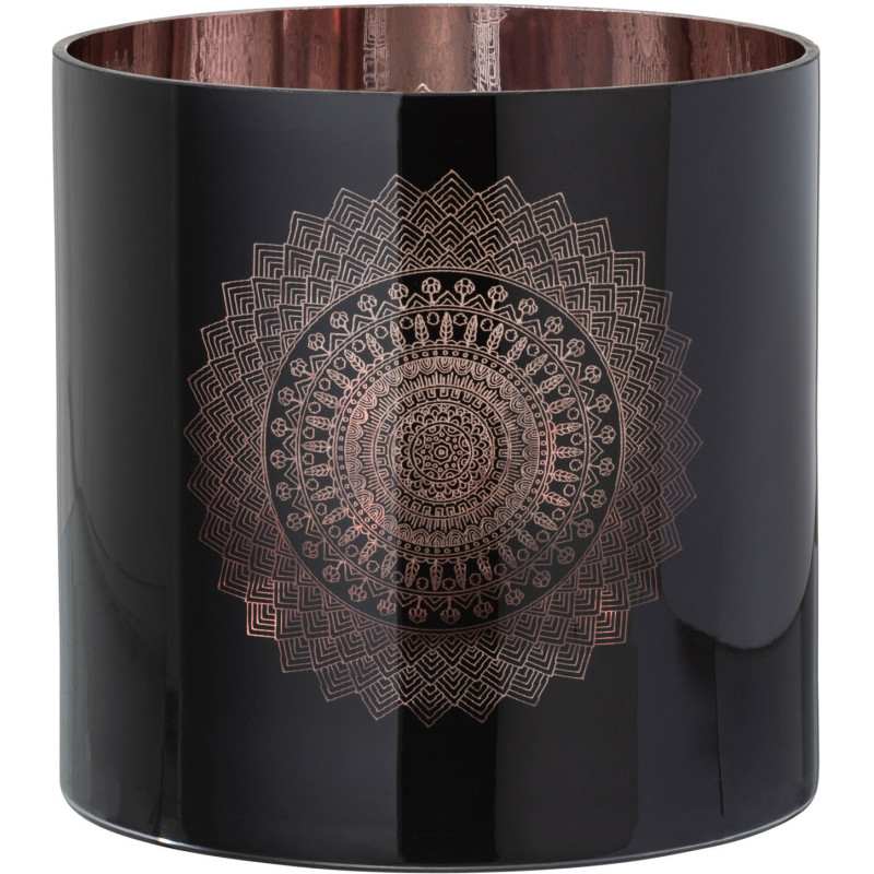 Photophore XXL Bohème chic Diamètre 20 cm en Verre Noir Cuivré Motif mandala Orlind - 1