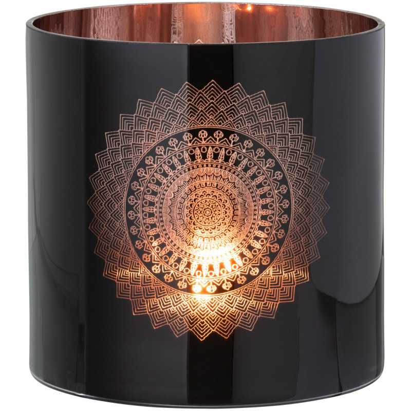 Photophore XXL Bohème chic Diamètre 20 cm en Verre Noir Cuivré Motif mandala Orlind - 2