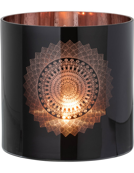 Photophore XXL Bohème chic Diamètre 20 cm en Verre Noir Cuivré Motif mandala Orlind - 2