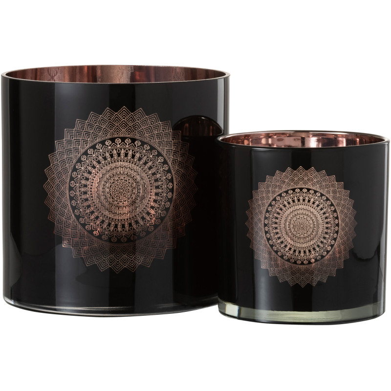 Photophore XXL Bohème chic Diamètre 20 cm en Verre Noir Cuivré Motif mandala Orlind - 4