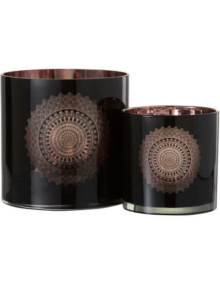 Photophore XXL Bohème chic Diamètre 20 cm en Verre Noir Cuivré Motif mandala Orlind - 4