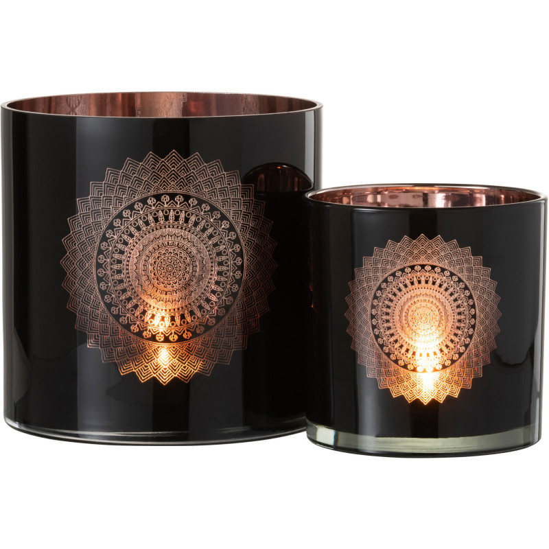 Photophore XXL Bohème chic Diamètre 20 cm en Verre Noir Cuivré Motif mandala Orlind - 5