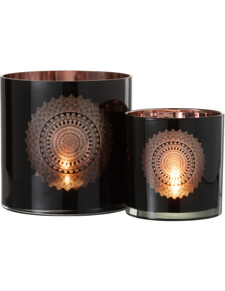 Photophore XXL Bohème chic Diamètre 20 cm en Verre Noir Cuivré Motif mandala Orlind - 5