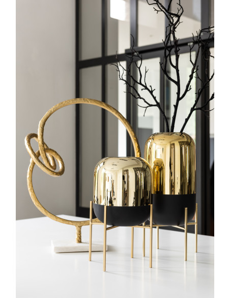 Photophore moderne chic sur pied Hauteur 27 cm en Verre Noir Doré Irlo - 2