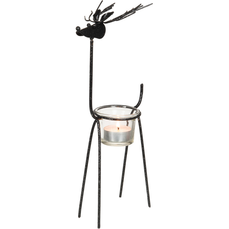 Photophore Renne avec paillettes Hauteur 30 cm en Métal Noir Verre Transparent Melino - 2