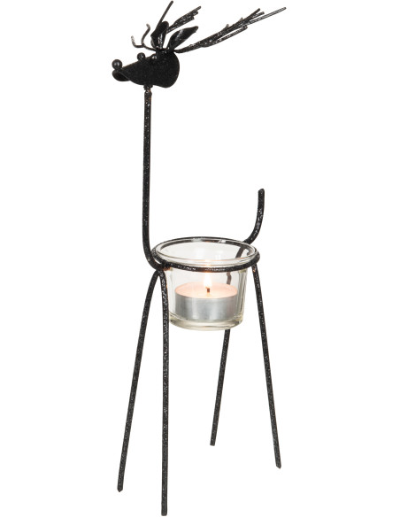 Photophore Renne avec paillettes Hauteur 30 cm en Métal Noir Verre Transparent Melino - 2