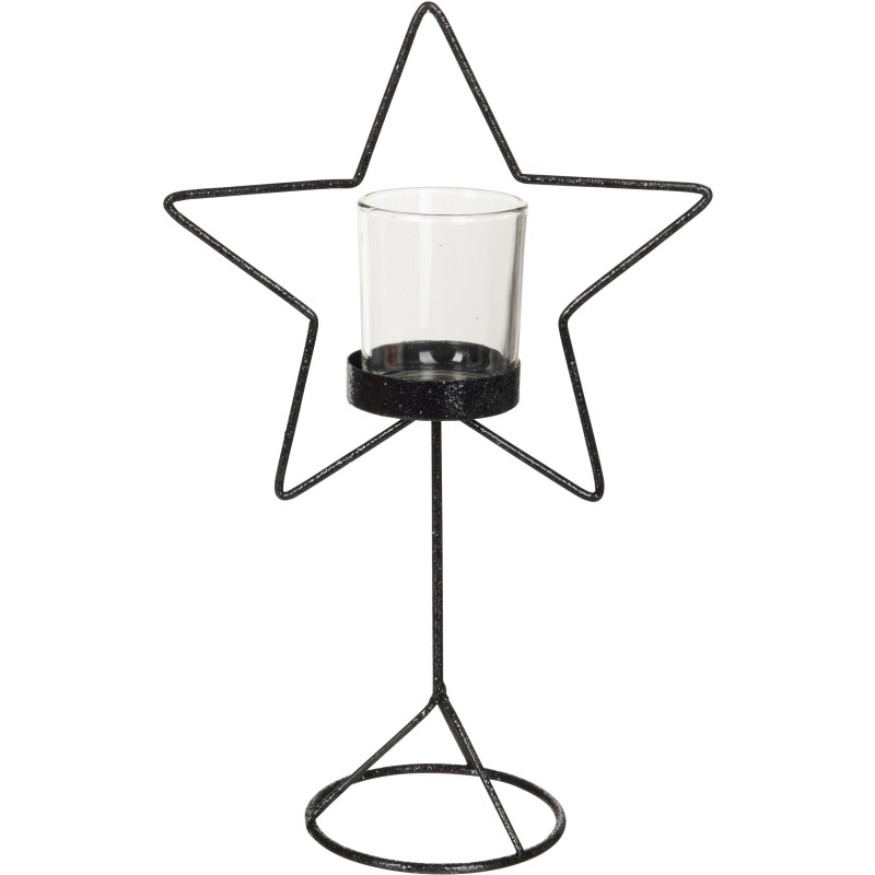 Photophore original sur pied Étoile Hauteur 32 cm en Métal Noir Verre Transparent Xalano - 1