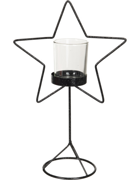 Photophore original sur pied Étoile Hauteur 32 cm en Métal Noir Verre Transparent Xalano - 1