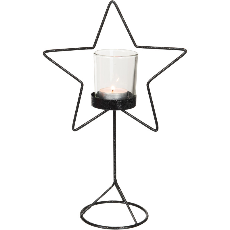 Photophore original sur pied Étoile Hauteur 32 cm en Métal Noir Verre Transparent Xalano - 3
