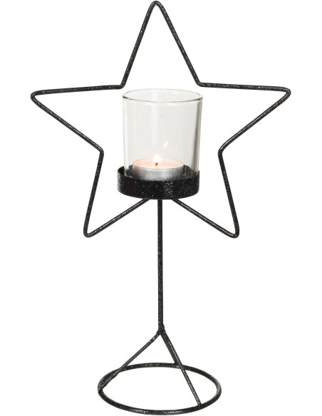 Photophore original sur pied Étoile Hauteur 32 cm en Métal Noir Verre Transparent Xalano - 3