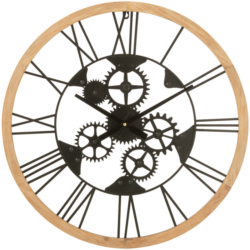 Horloge murale Ronde 60 cm Fugit en Métal Noir Bois Naturel - 1