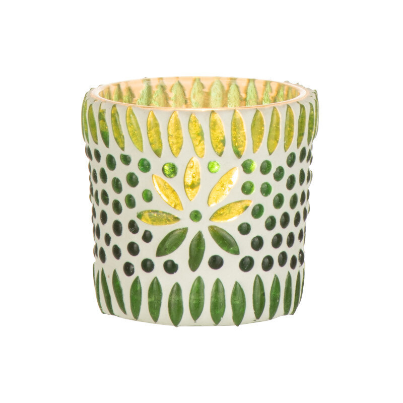 Photophore original Mosaïque Diamètre 6 cm en Verre Vert Blanc Motif fleurs Bram - 2