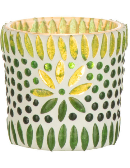 Photophore original Mosaïque Diamètre 6 cm en Verre Vert Blanc Motif fleurs Bram - 2
