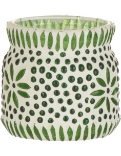 Photophore original Mosaïque Diamètre 8 cm en Verre Vert Blanc Motif fleurs Bram - 1