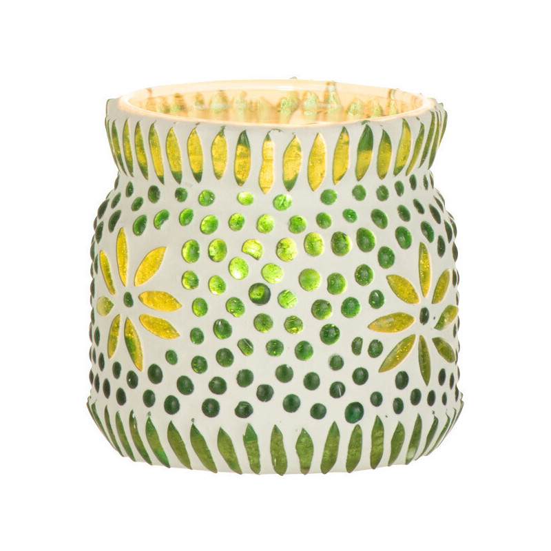 Photophore original Mosaïque Diamètre 8 cm en Verre Vert Blanc Motif fleurs Bram - 2