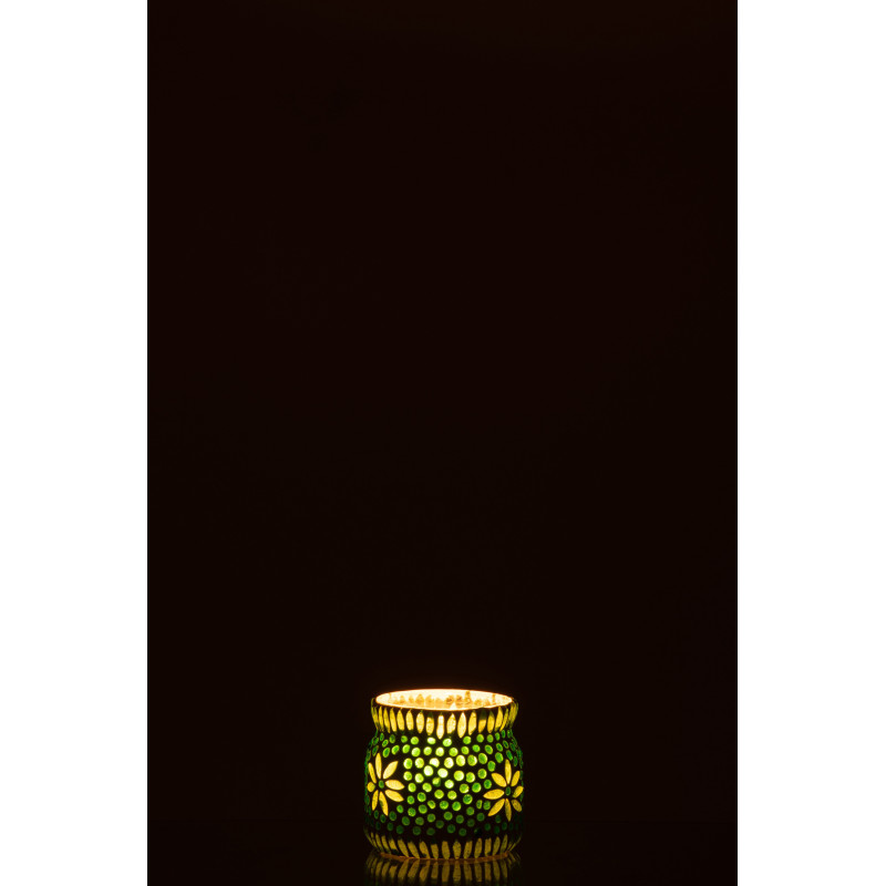 Photophore original Mosaïque Diamètre 8 cm en Verre Vert Blanc Motif fleurs Bram - 3