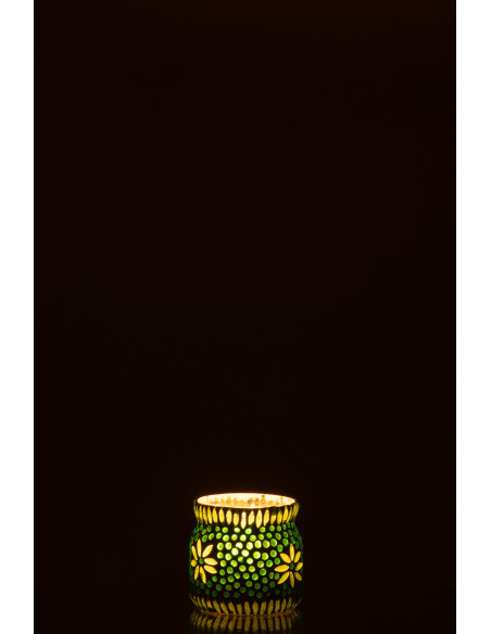 Photophore original Mosaïque Diamètre 8 cm en Verre Vert Blanc Motif fleurs Bram - 3