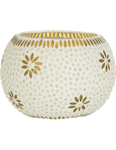 Photophore original rond Mosaïque Diamètre 13 cm en Verre Jaune Blanc Motif fleurs Bram - 1