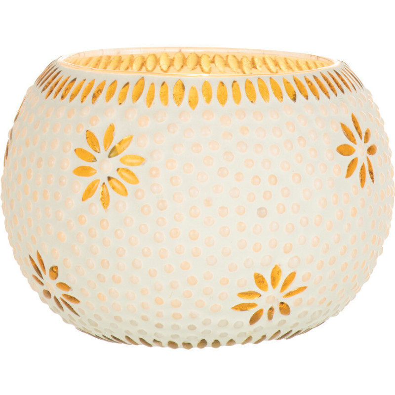 Photophore original rond Mosaïque Diamètre 13 cm en Verre Jaune Blanc Motif fleurs Bram - 2