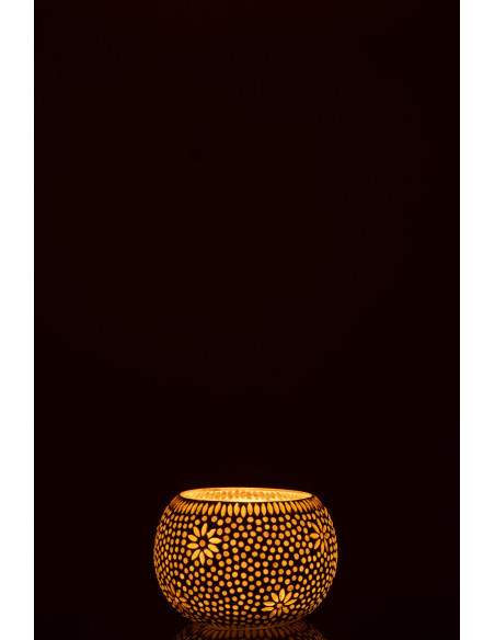 Photophore original rond Mosaïque Diamètre 13 cm en Verre Jaune Blanc Motif fleurs Bram - 3