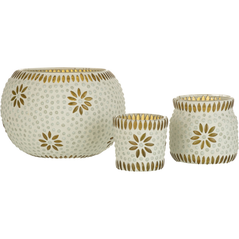 Photophore original rond Mosaïque Diamètre 13 cm en Verre Jaune Blanc Motif fleurs Bram - 4